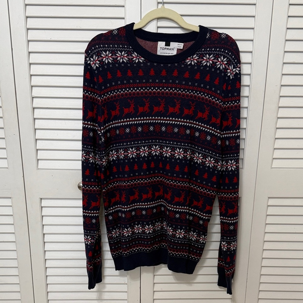 Topman Festive Navy and Red Crewneck Christmas Sweater